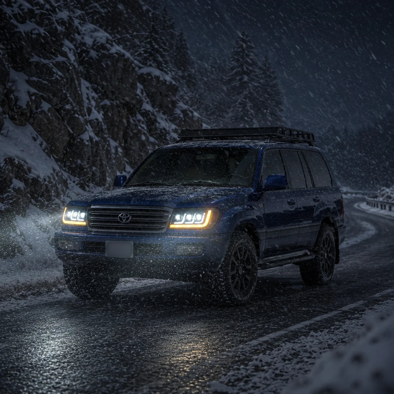 2004-2007 Toyota Land Cruiser 100 LED Triple Projector Headlights Assembly — driving in the snow — H-LC100-04
