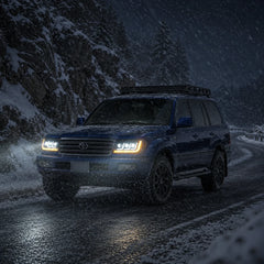 2004-2007 Toyota Land Cruiser 100 LED Triple Projector Headlights Assembly — driving in the snow — H-LC100-04