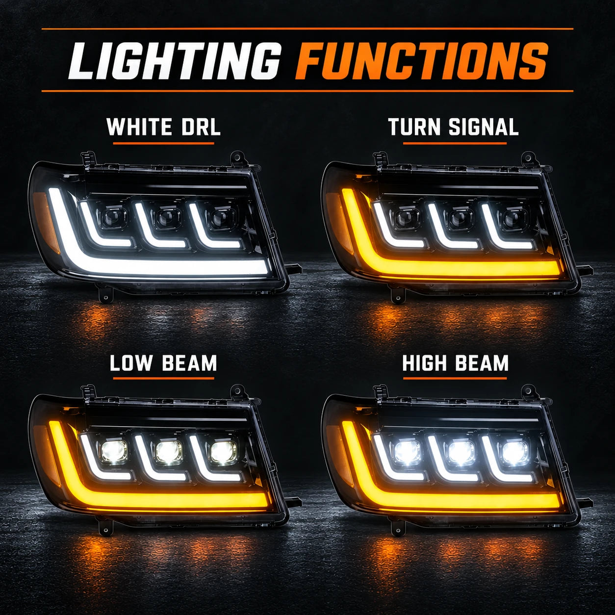 2004-2007 Toyota Land Cruiser 100 LED Triple Projector Headlights Assembly — lighting functions — H-LC100-04