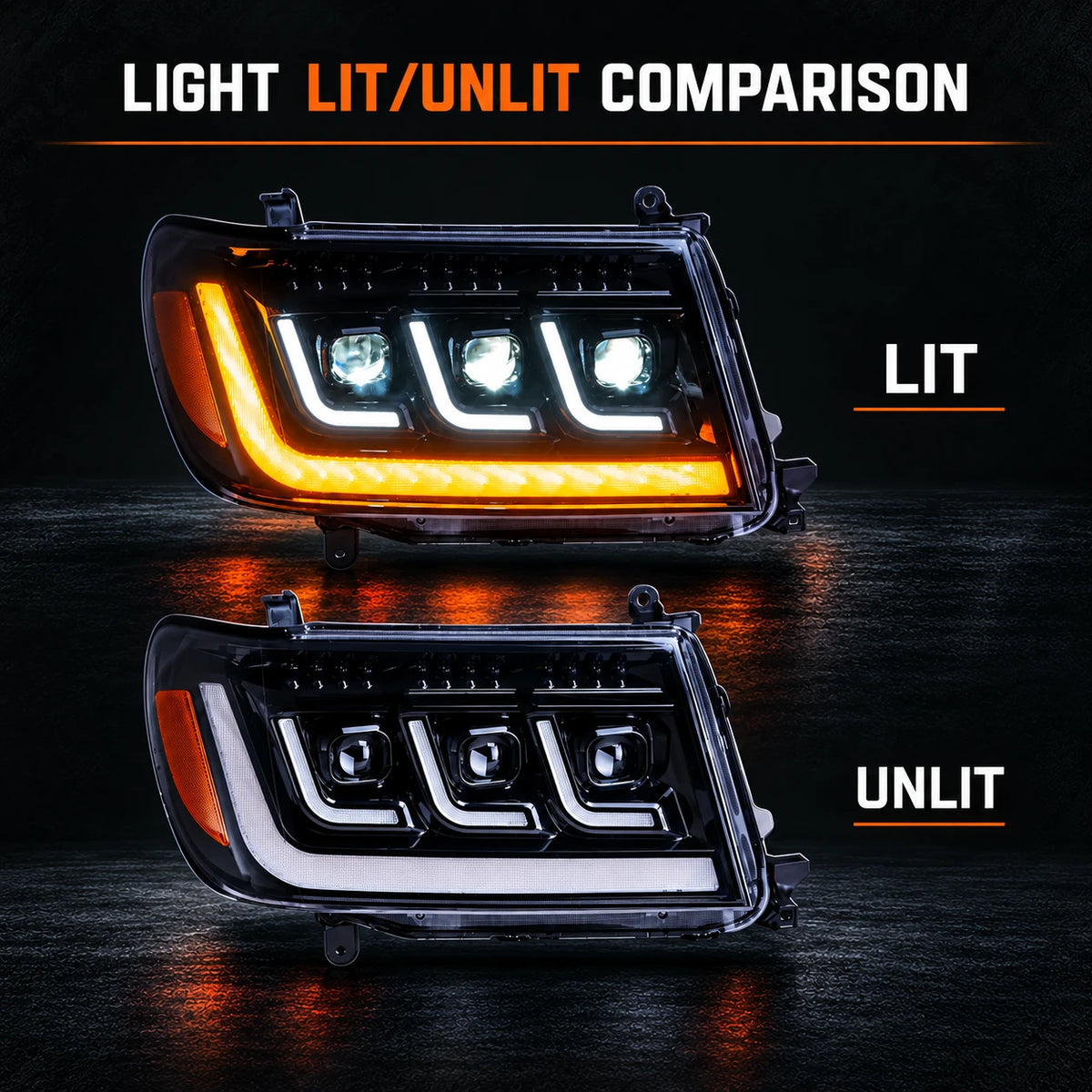 2004-2007 Toyota Land Cruiser 100 LED Triple Projector Headlights Assembly — lit unlit comparison — H-LC100-04
