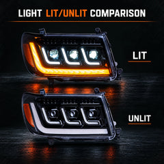 2004-2007 Toyota Land Cruiser 100 LED Triple Projector Headlights Assembly — lit unlit comparison — H-LC100-04