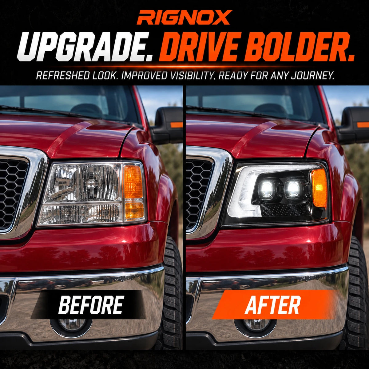 2004-2008 Ford F-150 & 2006-2008 Lincoln Mark LT LED Dual Projector Headlights — before and after comparison — H-F150-04