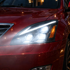 2004-2009 Lexus RX330 / RX350 / RX400h (XU30) LED Triple Projector Headlights Assembly — Pair — Triple projectors illuminated close-up — H-RX04-3P