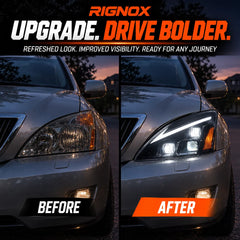 2004-2009 Lexus RX330 / RX350 / RX400h (XU30) LED Triple Projector Headlights Assembly — Pair — OEM versus upgraded headlights comparison — H-RX04-3P