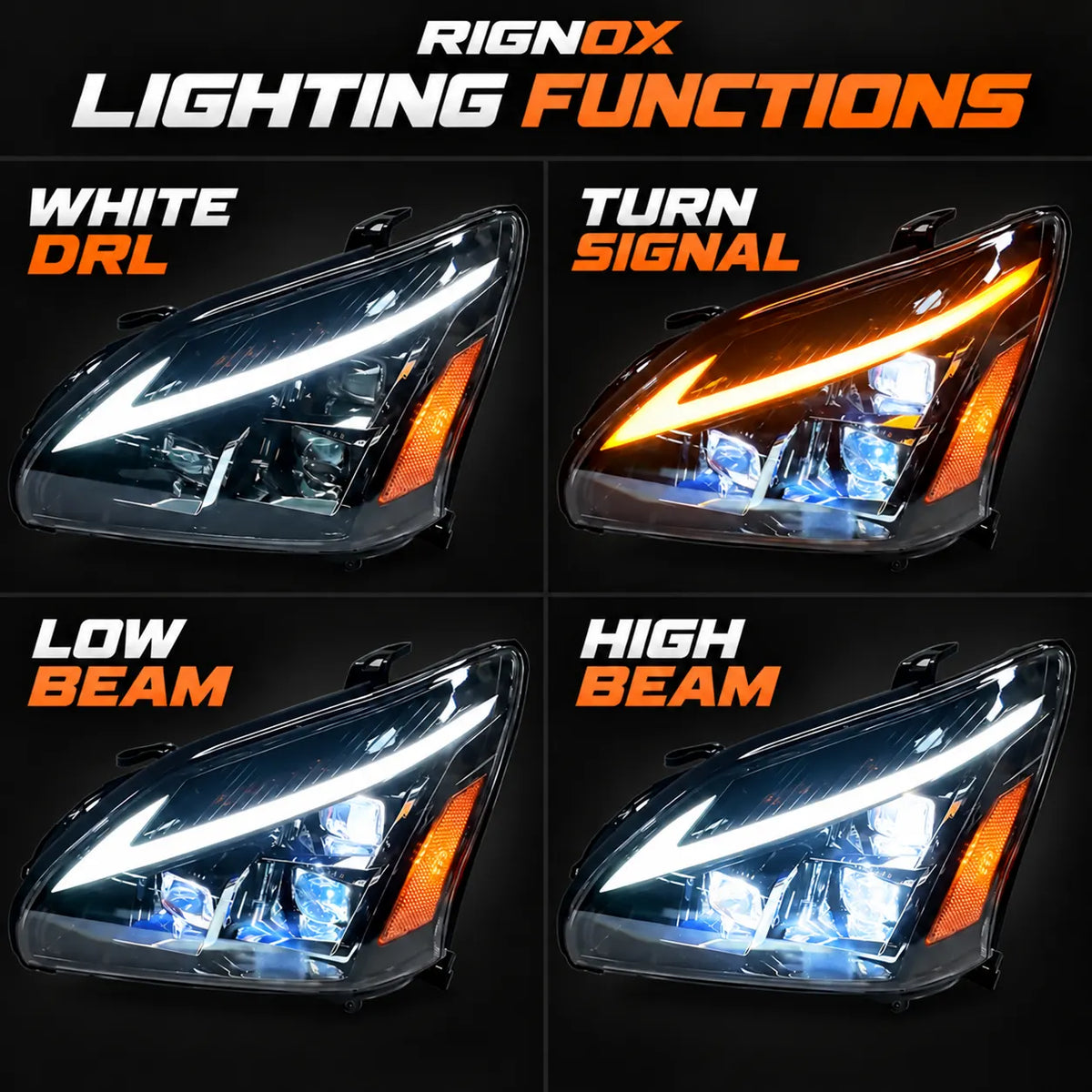 2004-2009 Lexus RX330 / RX350 / RX400h (XU30) LED Triple Projector Headlights Assembly — Pair — DRL turn signal low and high beams — H-RX04-3P