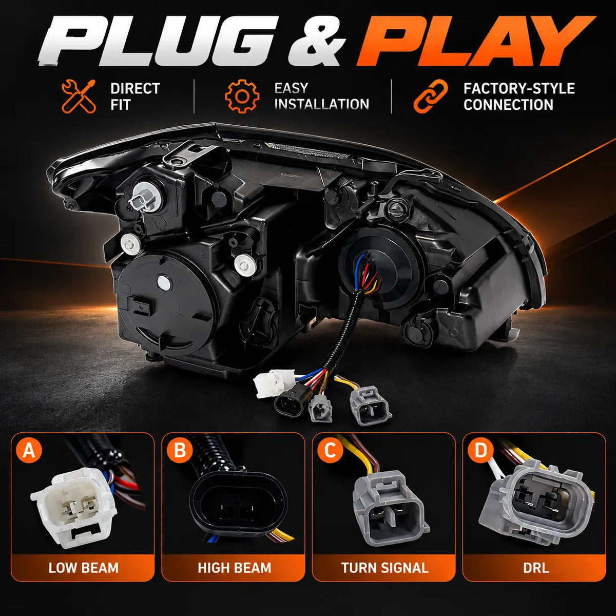 2004-2009 Lexus RX330 / RX350 / RX400h (XU30) LED Triple Projector Headlights Assembly — Pair — Rear housing and factory-style connectors — H-RX04-3P
