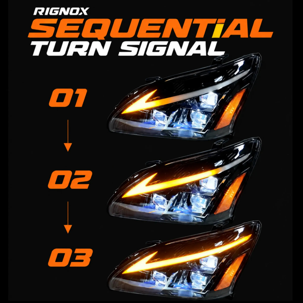 2004-2009 Lexus RX330 / RX350 / RX400h (XU30) LED Triple Projector Headlights Assembly — Pair — Sequential turn signal three-stage illustration — H-RX04-3P