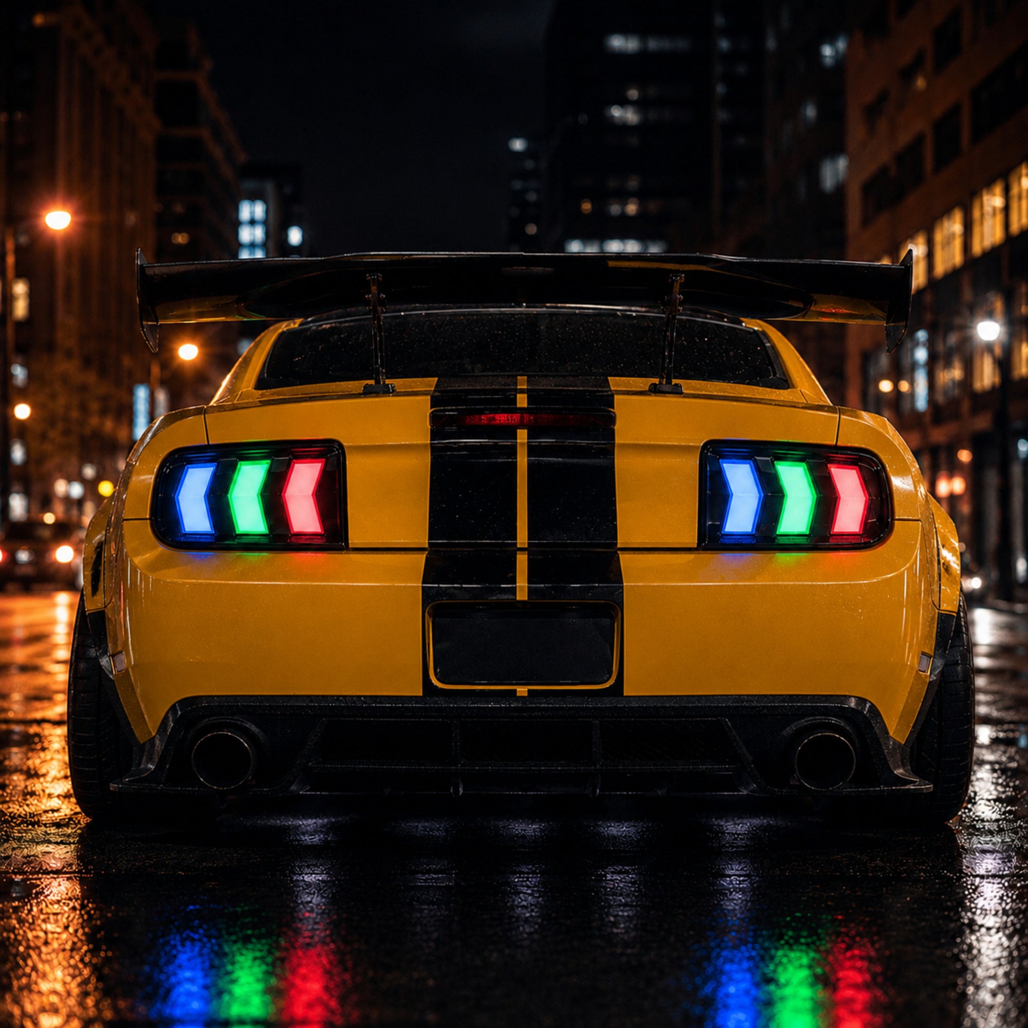 2005-2009 Ford Mustang Sequential LED Tail Lights — t mus05 rgbshelby style rear view night - T-MUS05-RGB