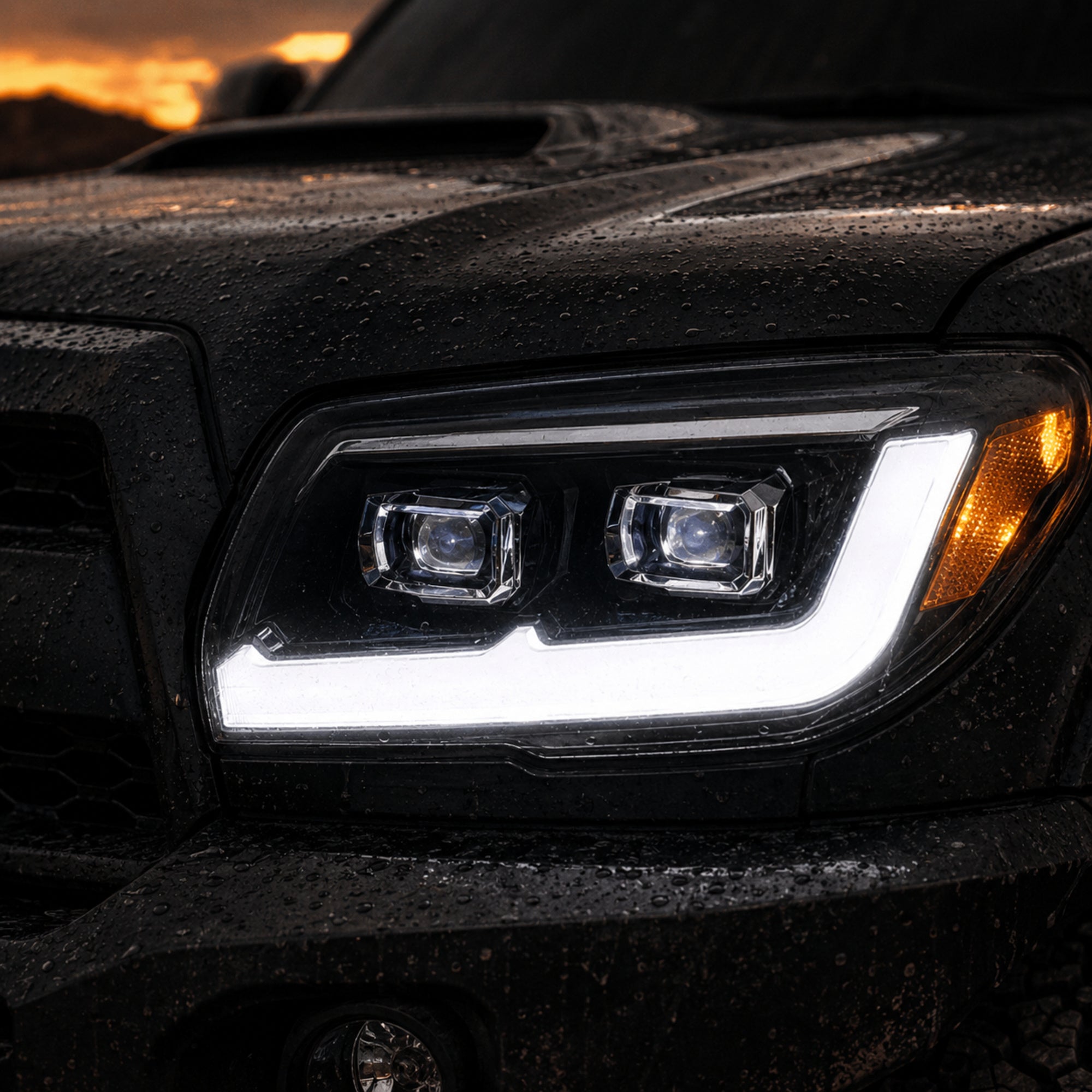 2006-2009 Toyota 4Runner LED Dual Projector Headlights — black trim sequential turn signal close up white DRL - H-4RN06-BK