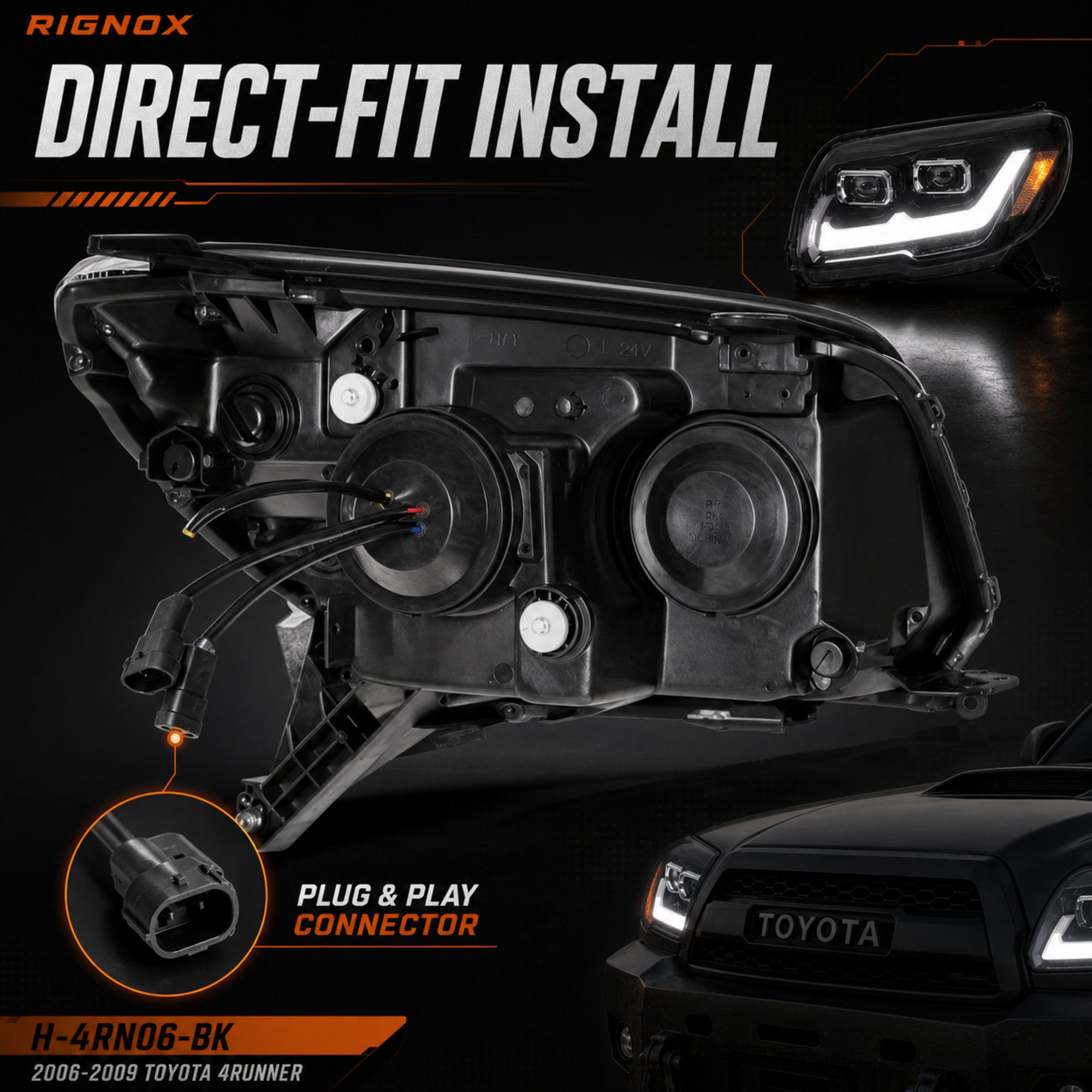 2006-2009 Toyota 4Runner LED Dual Projector Headlights — black trim sequential turn signal direct fit plug back - H-4RN06-BK