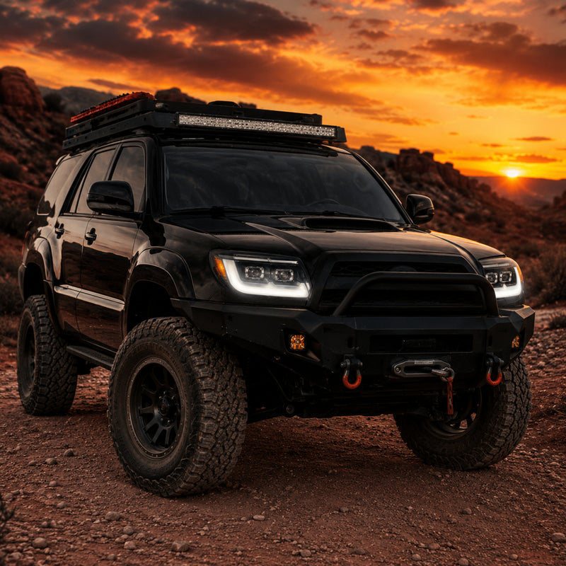 2006-2009 Toyota 4Runner LED Dual Projector Headlights — black trim sequential turn signal installed white DRL - H-4RN06-BK