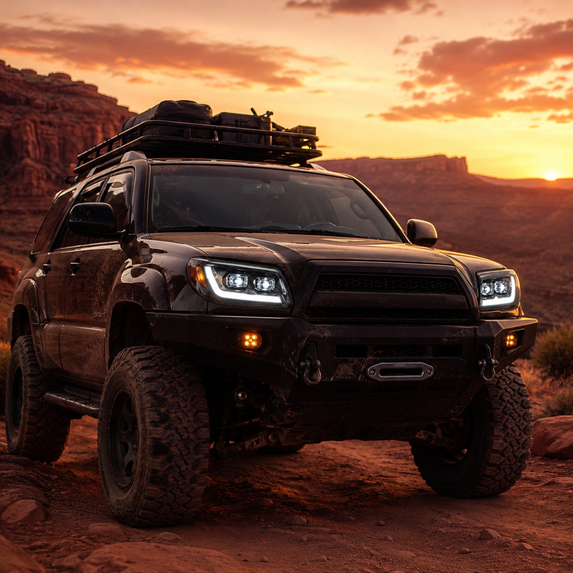 2006-2009 Toyota 4Runner LED Dual Projector Headlights — electroplated sequential turn signal installed scene02 - H-4RN06-CH