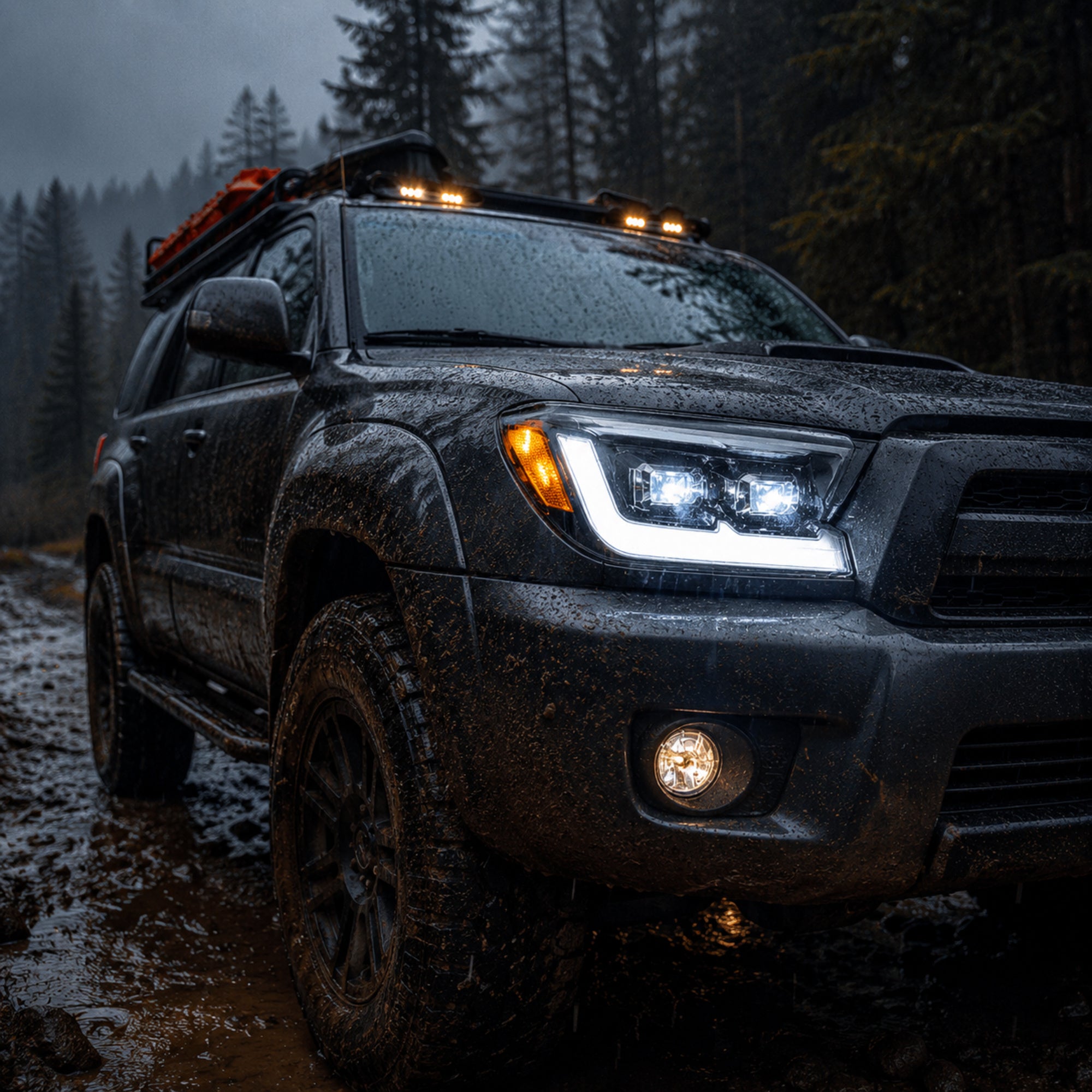 2006-2009 Toyota 4Runner LED Dual Projector Headlights — electroplated sequential turn signal rain mud scene05 - H-4RN06-CH