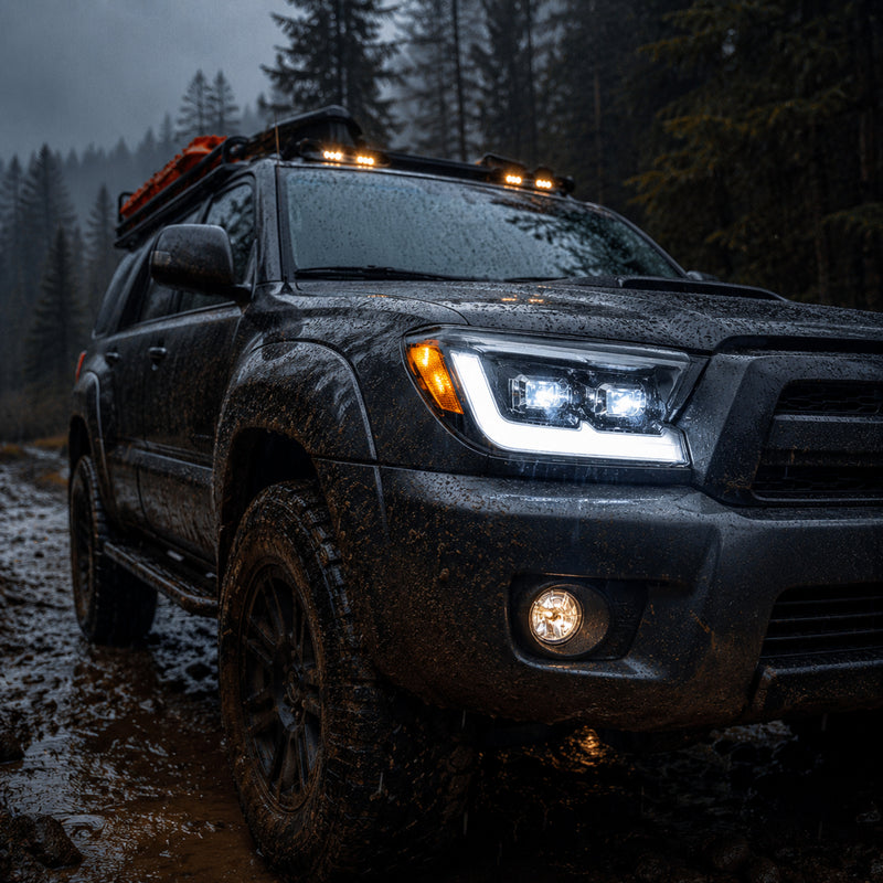 2006-2009 Toyota 4Runner LED Dual Projector Headlights — electroplated sequential turn signal rain mud scene05 - H-4RN06-CH