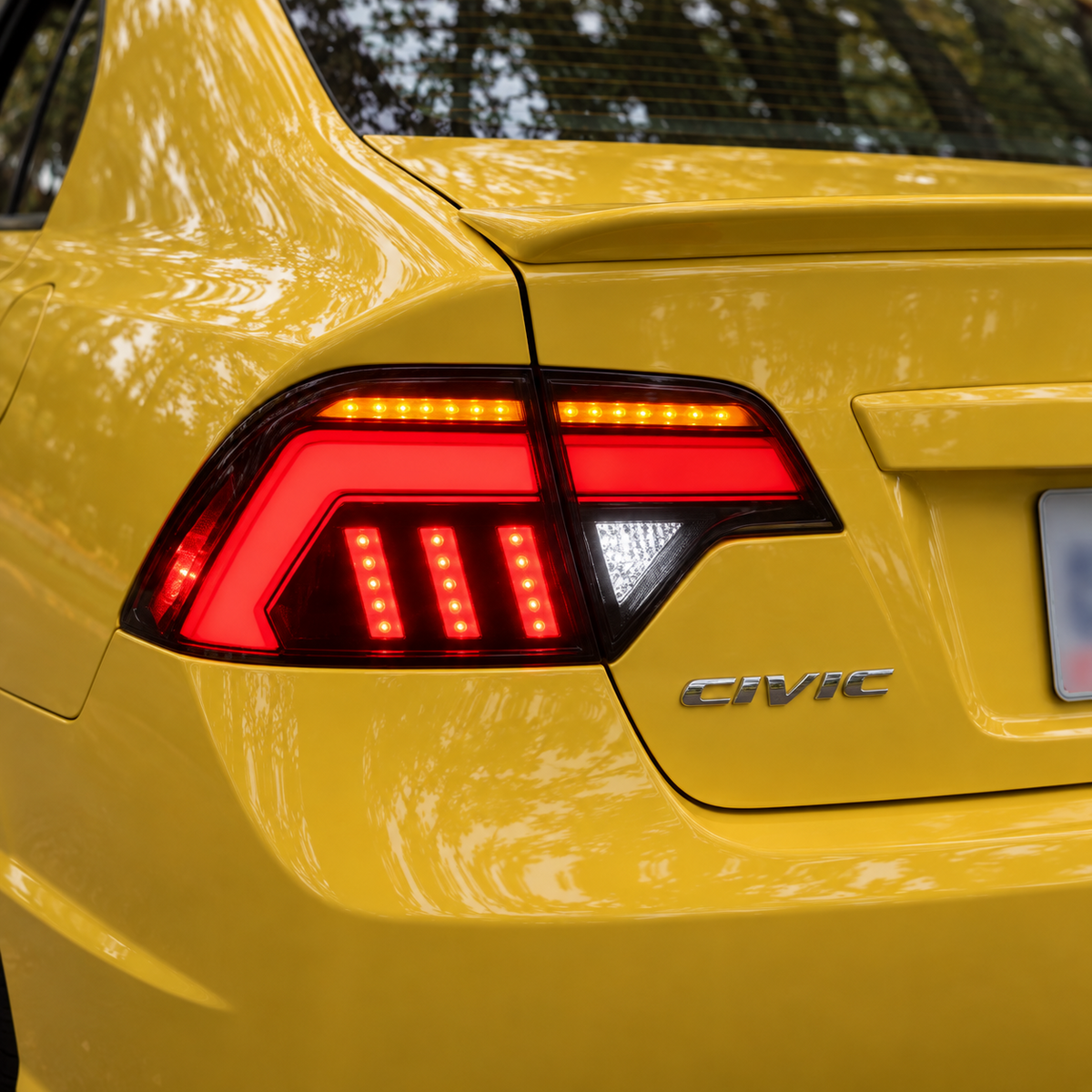 2006-2011 Honda Civic 8th Gen Sedan Sequential LED Tail Lights Assembly — installed lights-on close-up — T-CIV8-EF-CW