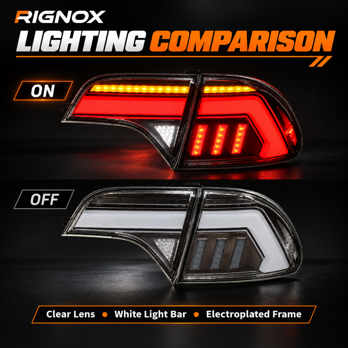 2006-2011 Honda Civic 8th Gen Sedan Sequential LED Tail Lights Assembly — lighting on and off comparison — T-CIV8-EF-CW