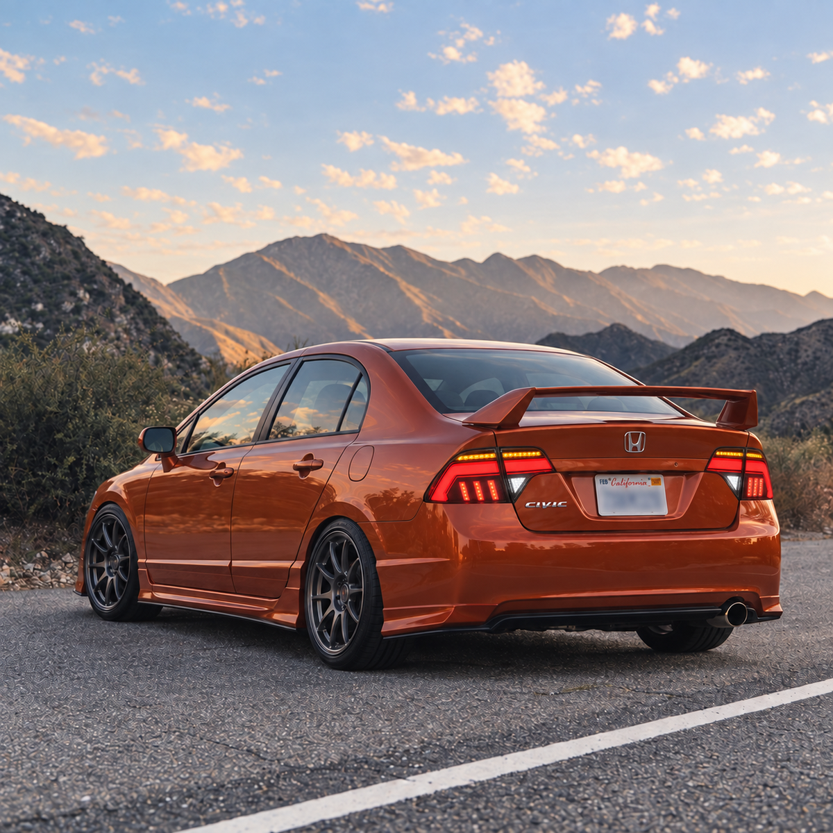 2006-2011 Honda Civic 8th Gen Sedan Sequential LED Tail Lights Assembly — sunset installed rear view — T-CIV8-EF-CW