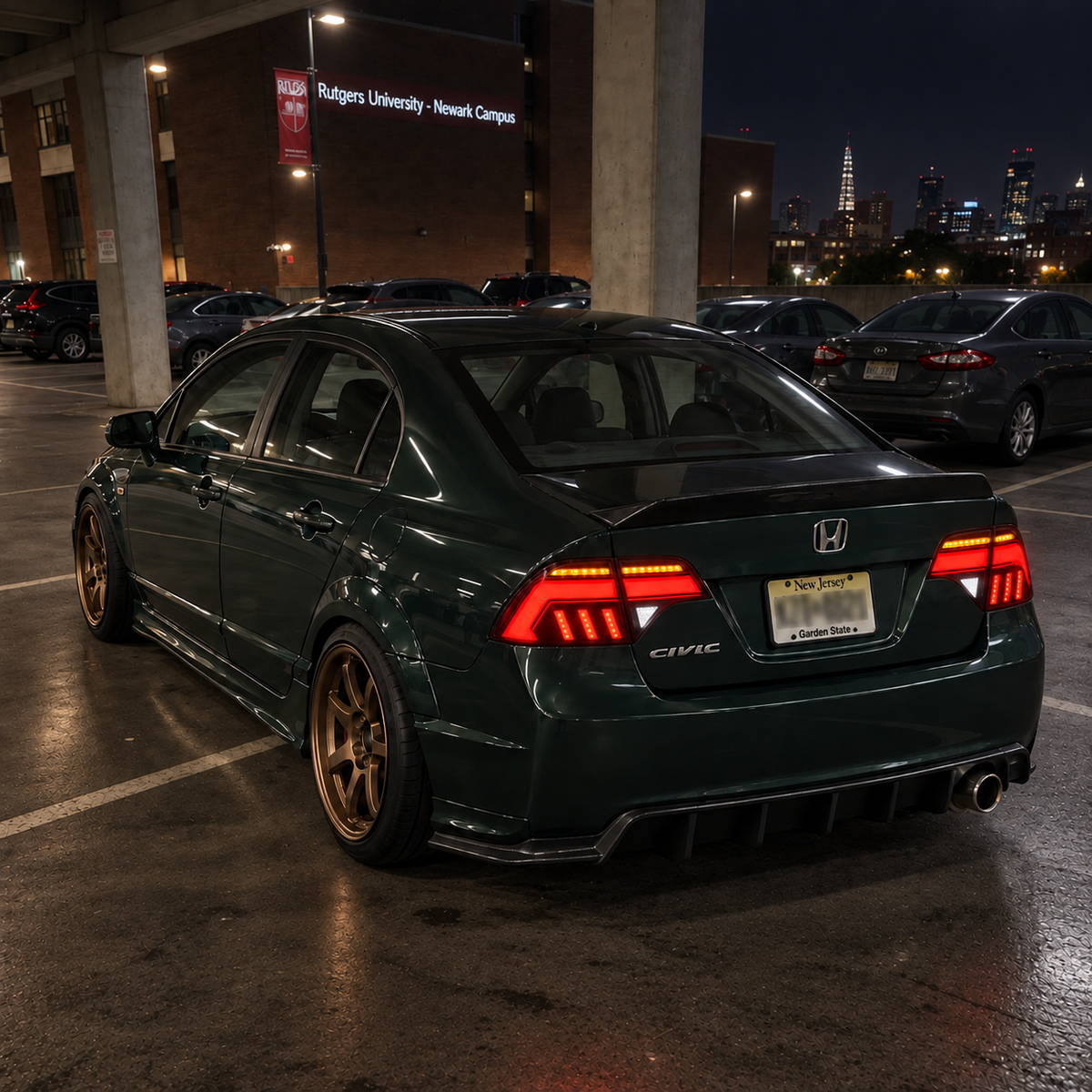 2006-2011 Honda Civic 8th Gen Sedan Sequential LED Tail Lights Assembly — night parking installed view — T-CIV8-EF-CW