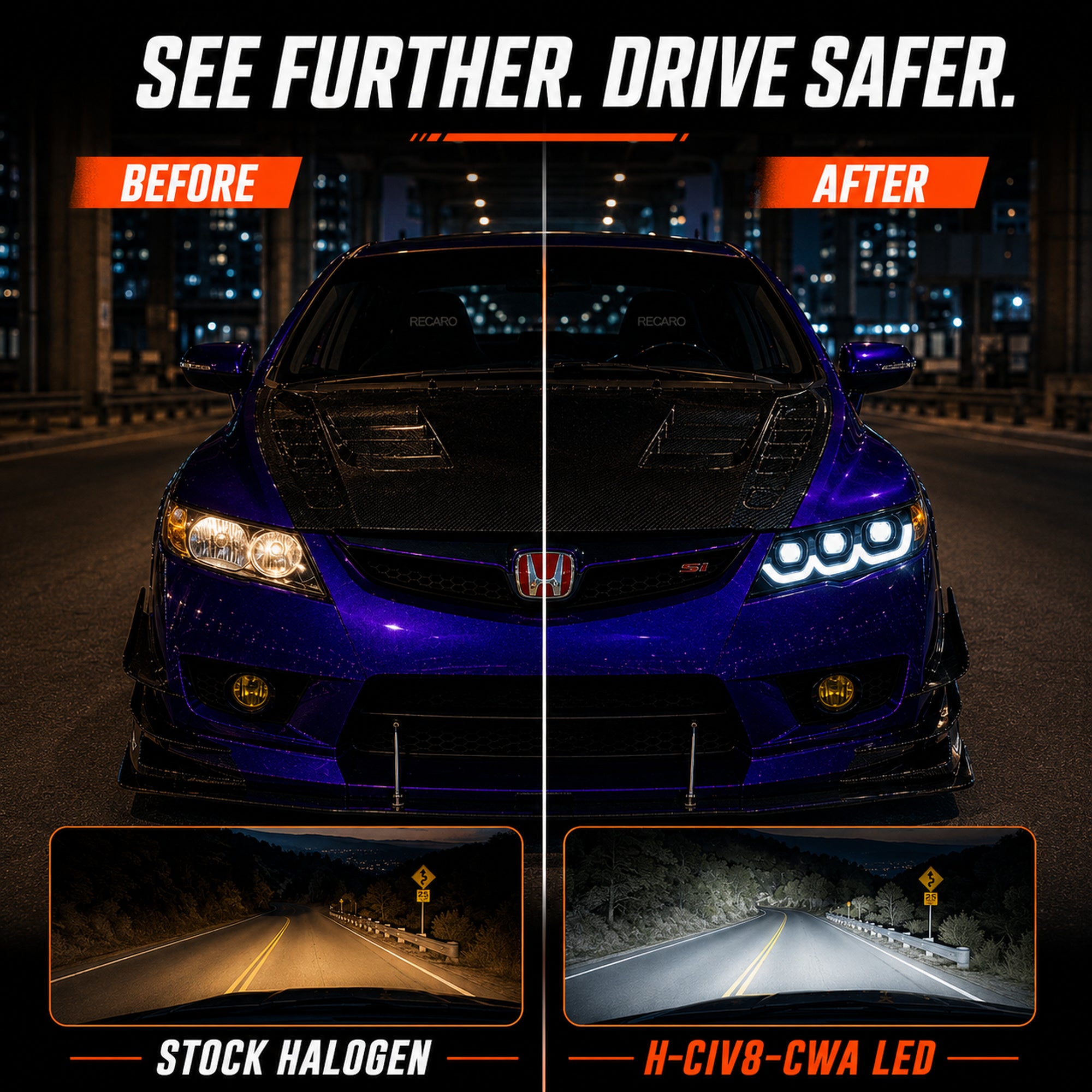 2006-2011 Honda Civic 8th Gen Sedan LED Multi Projector Headlights — clear white amber function04 - H-CIV8-3P