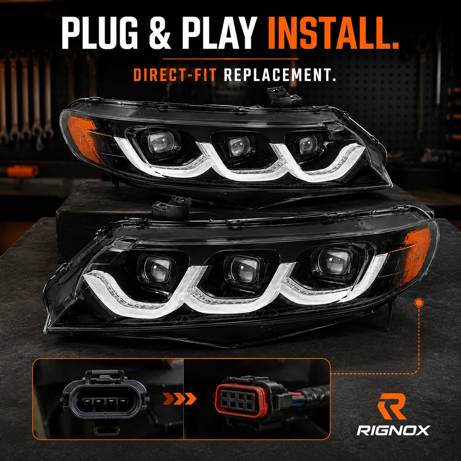 2006-2011 Honda Civic 8th Gen Sedan LED Multi Projector Headlights — clear white amber function14 - H-CIV8-3P