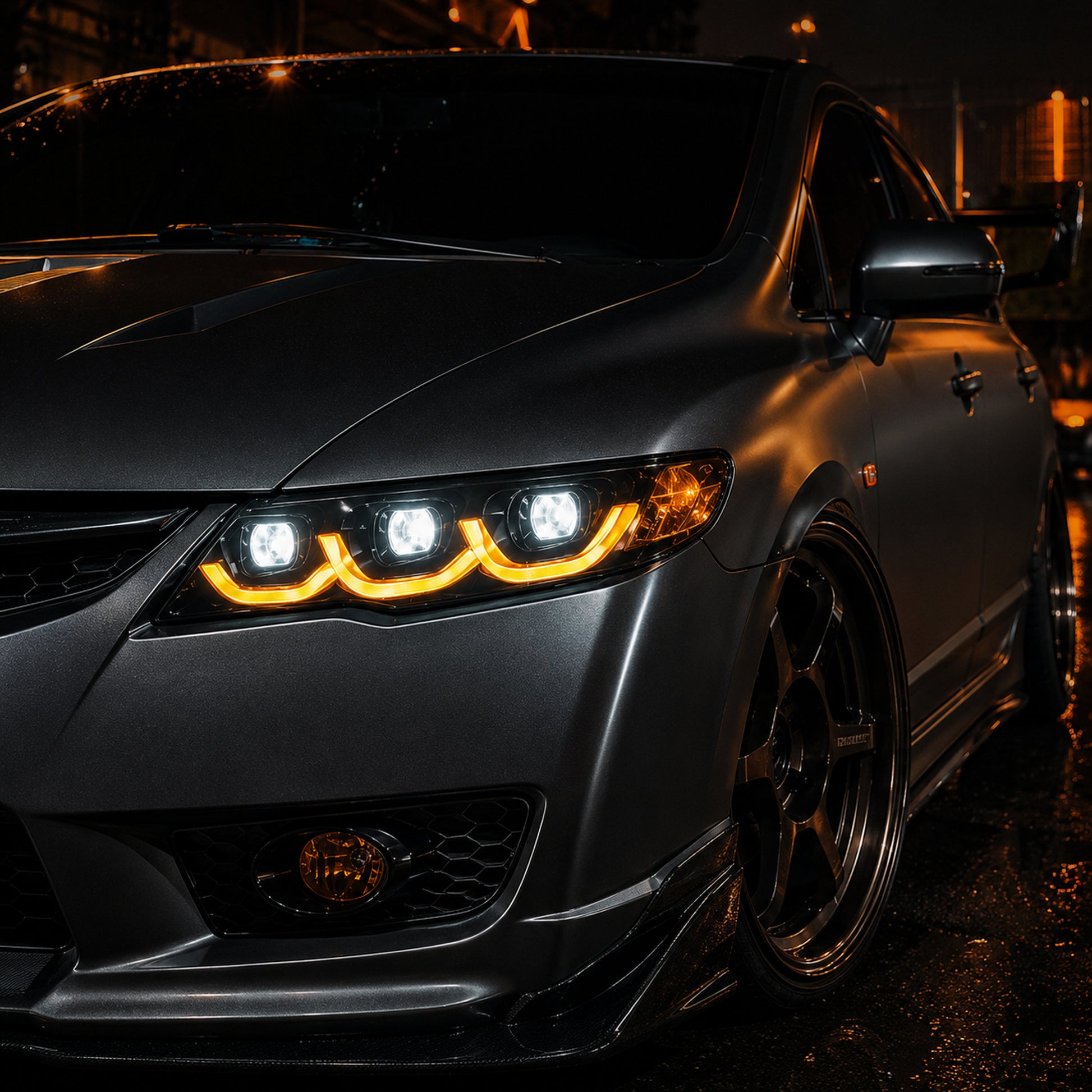 2006-2011 Honda Civic 8th Gen Sedan LED Multi Projector Headlights — clear white amber scene03 - H-CIV8-3P