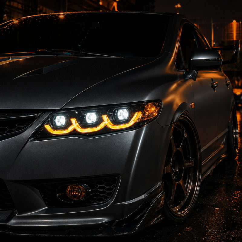 2006-2011 Honda Civic 8th Gen Sedan LED Multi Projector Headlights — clear white amber scene03 - H-CIV8-3P