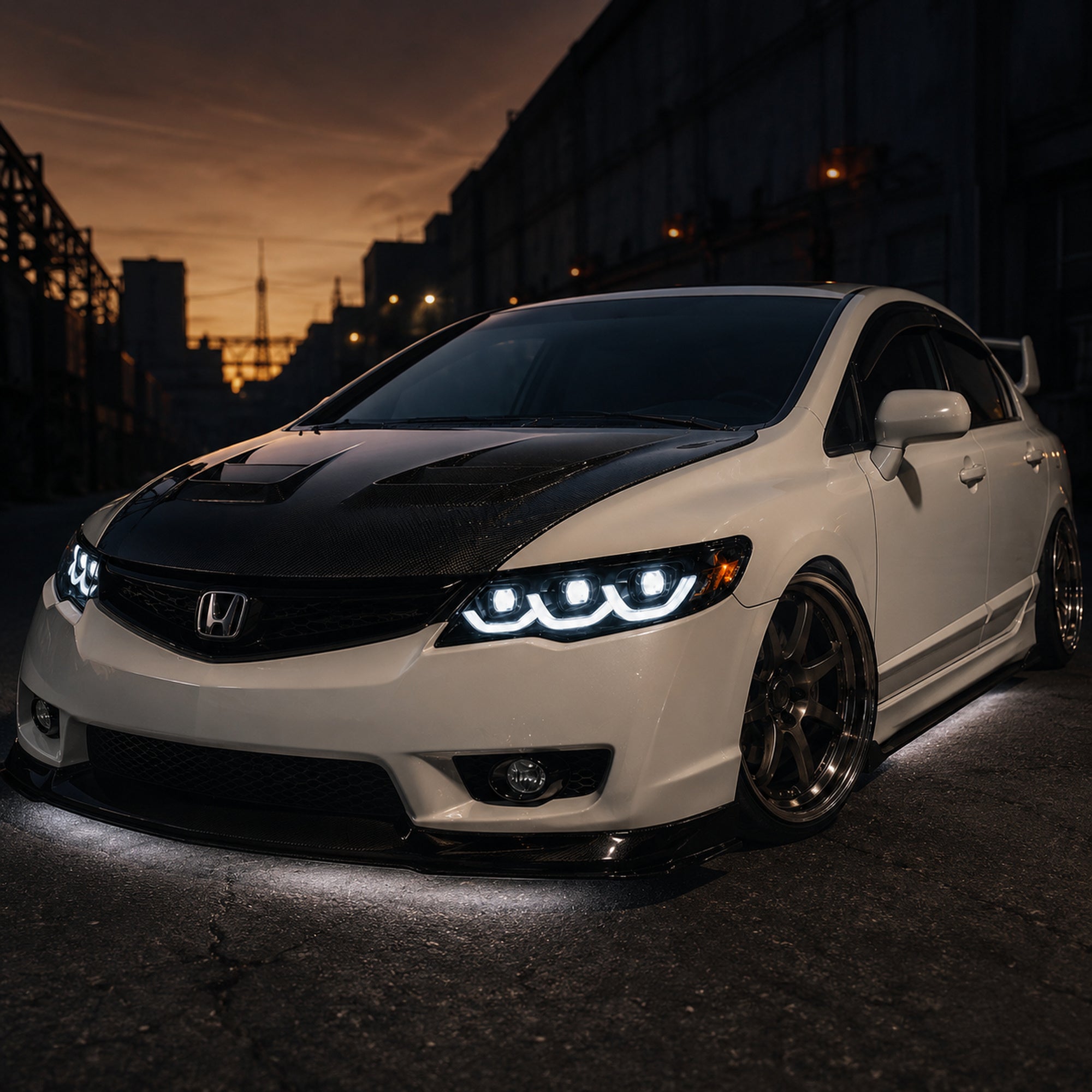 2006-2011 Honda Civic 8th Gen Sedan LED Multi Projector Headlights — clear white amber scene05 - H-CIV8-3P