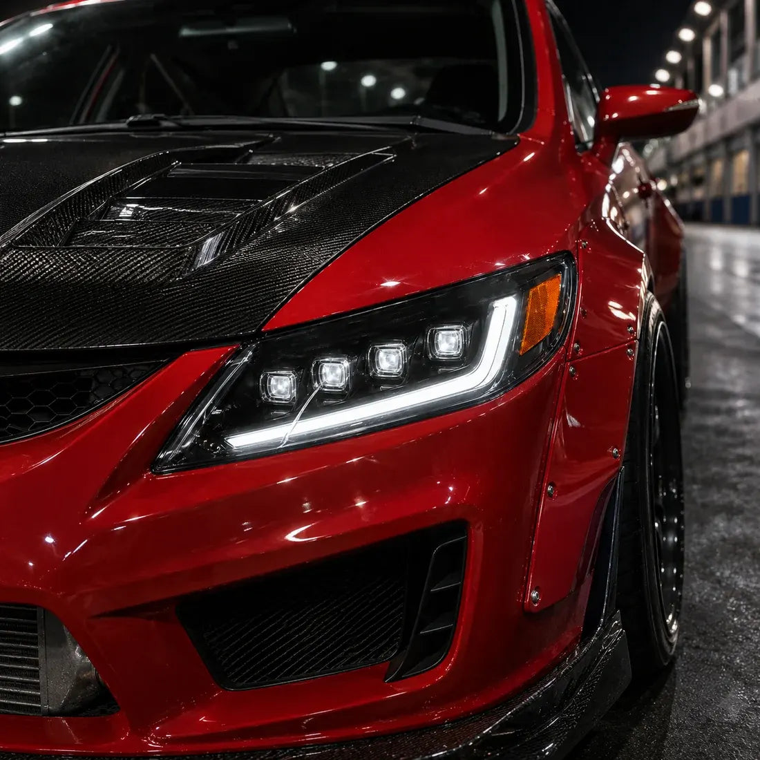 2006-2011 Honda Civic 8th Gen Sedan LED Multi Projector Headlights — macro headlight on red car — H-CIV8-4P