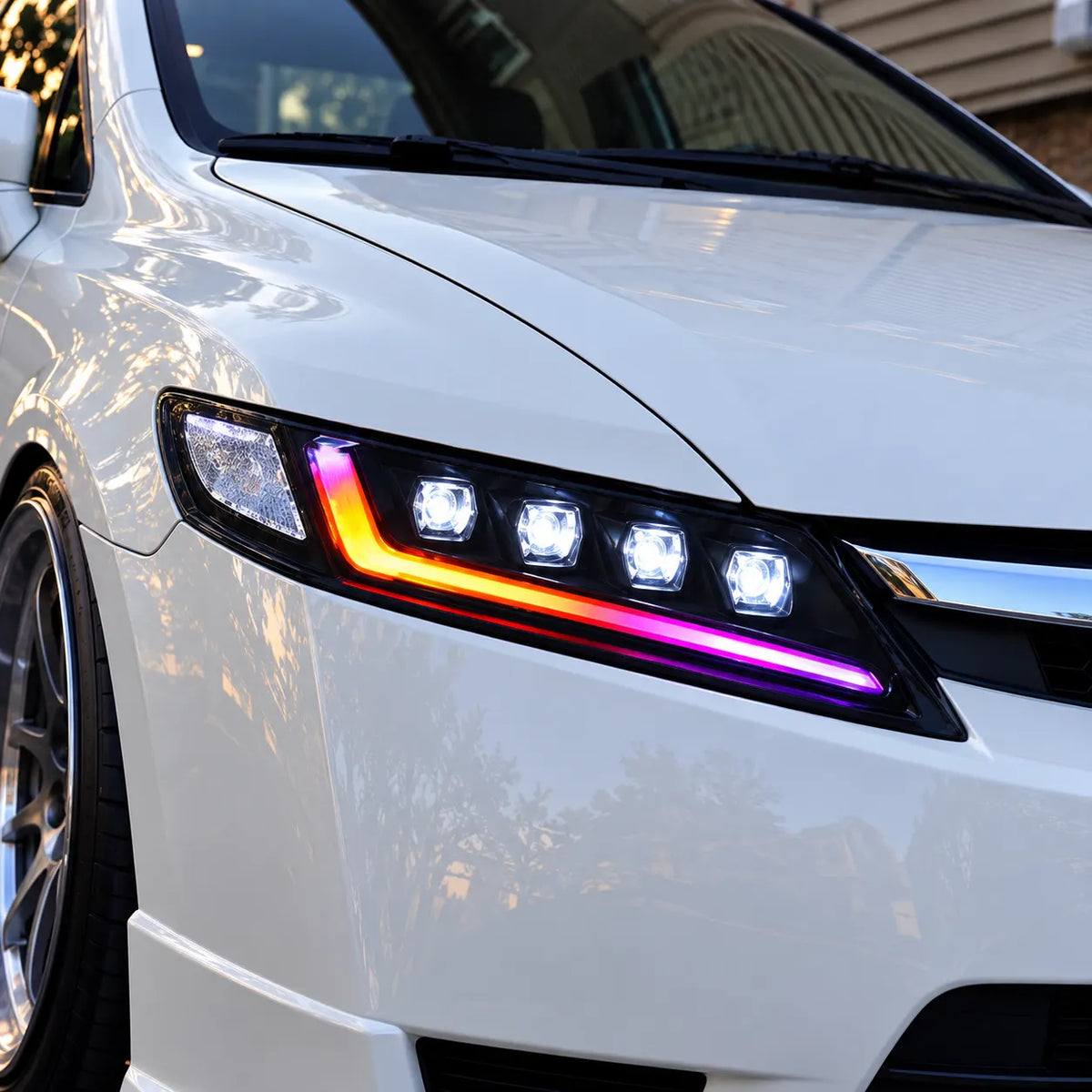 2006-2011 Honda Civic 8th Gen Sedan LED Multi Projector Headlights — lights on close-up — H-CIV8-4P-RGB