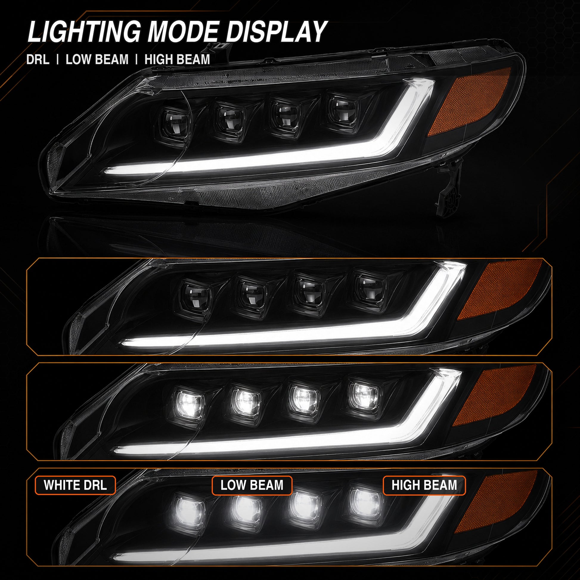 2006-2011 Honda Civic 8th Gen Sedan LED Multi Projector Headlights — clear white amber supplement01 - H-CIV8-4P