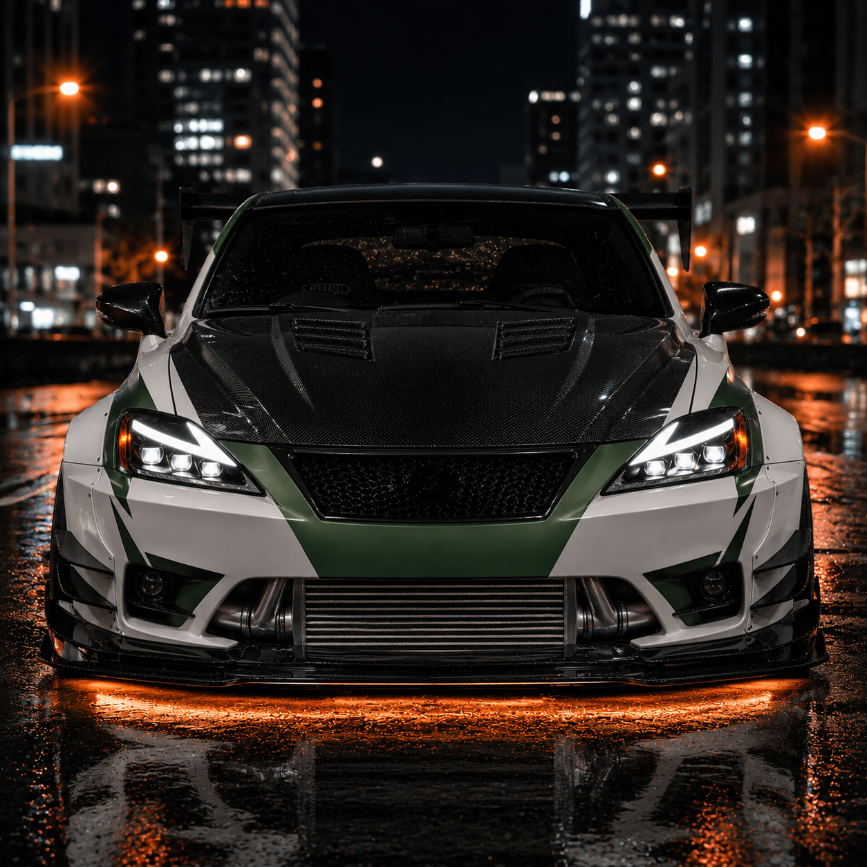 2006-2013 Lexus IS250 / IS350 / IS-F LED Triple Projector Headlights — clear amber installed front view - H-IS06-CW