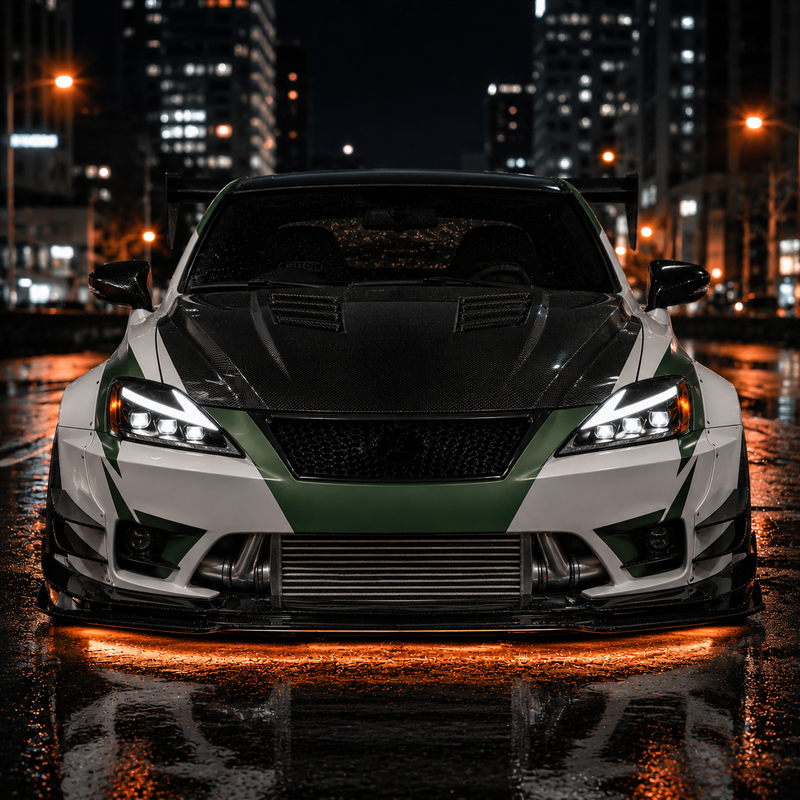 2006-2013 Lexus IS250 / IS350 / IS-F LED Triple Projector Headlights — clear amber installed front view - H-IS06-CW