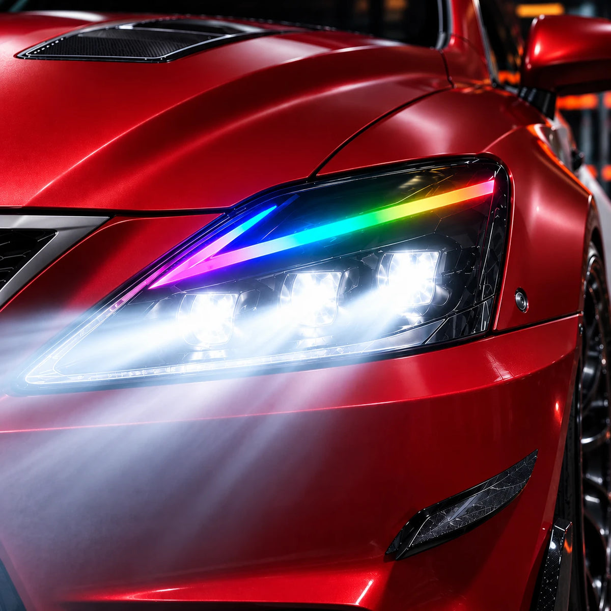 2006-2013 Lexus IS250 / IS350 / IS-F LED Triple Projector Headlights — all lights-on close-up — H-IS06-CRGB