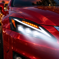 2006-2013 Lexus IS250 / IS350 / IS-F LED Triple Projector Headlights Assembly — Pair — all lights on close-up — H-IS06-DB
