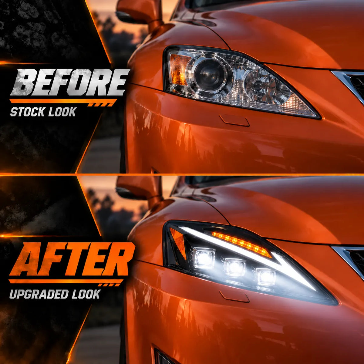 2006-2013 Lexus IS250 / IS350 / IS-F LED Triple Projector Headlights Assembly — Pair — before and after comparison — H-IS06-DB