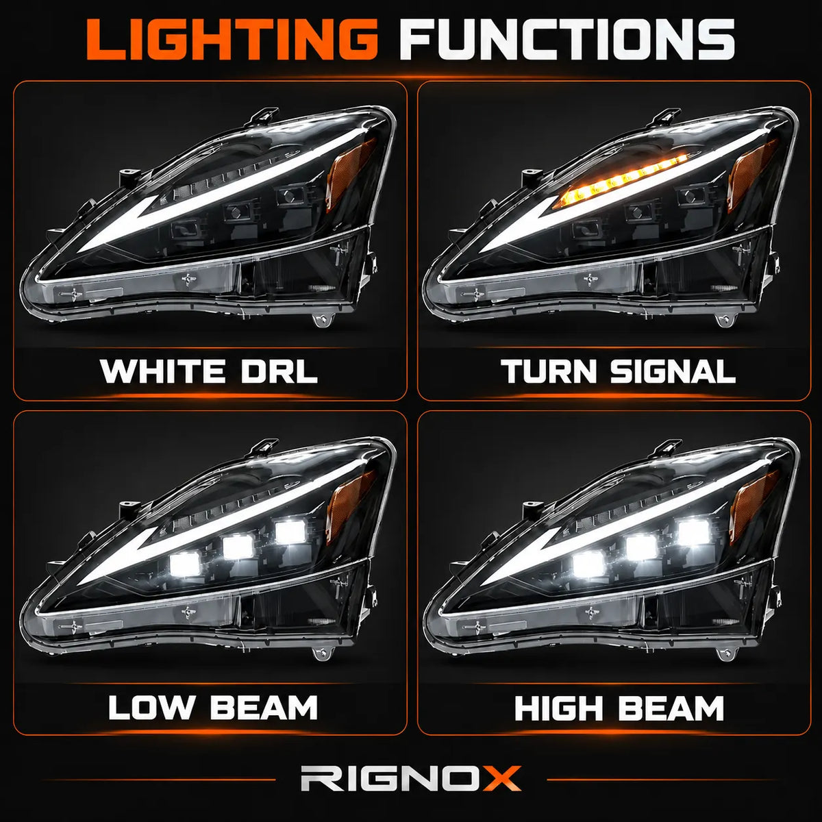 2006-2013 Lexus IS250 / IS350 / IS-F LED Triple Projector Headlights Assembly — Pair — lighting functions — H-IS06-DB