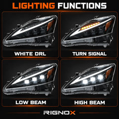 2006-2013 Lexus IS250 / IS350 / IS-F LED Triple Projector Headlights Assembly — Pair — lighting functions — H-IS06-DB