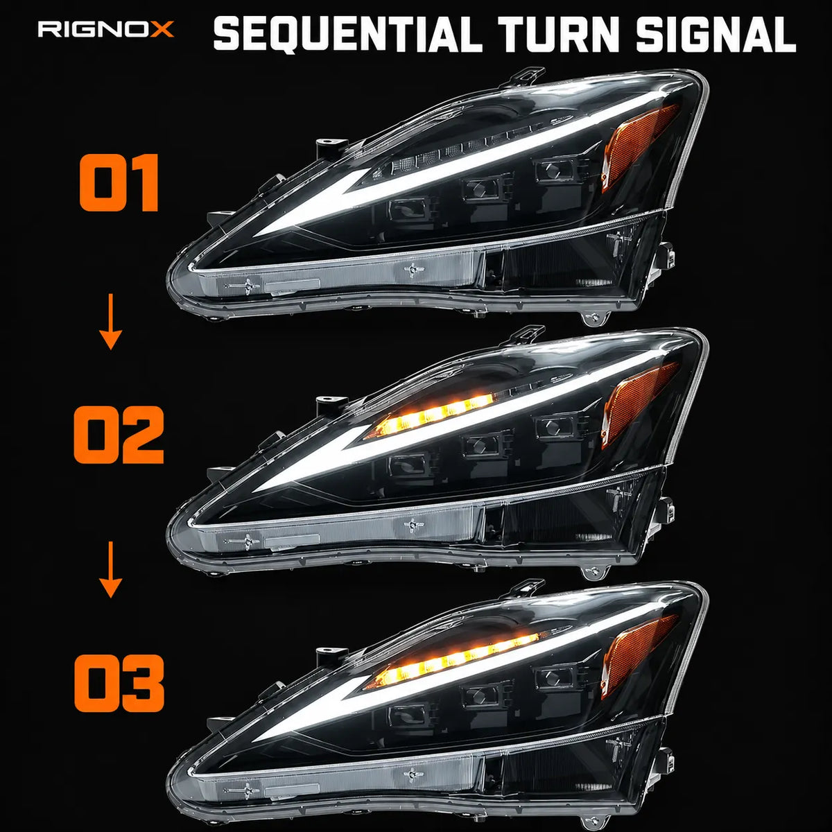 2006-2013 Lexus IS250 / IS350 / IS-F LED Triple Projector Headlights Assembly — Pair — sequential amber turn signal — H-IS06-DB