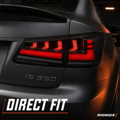 2006-2013 Lexus IS250 / IS350 / IS F Sequential LED Tail Lights — smoke sequential RGB installed detail closeup - T-IS06-SR
