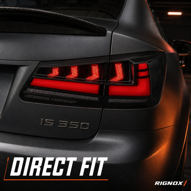 2006-2013 Lexus IS250 / IS350 / IS F Sequential LED Tail Lights — smoke sequential RGB installed detail closeup - T-IS06-SR