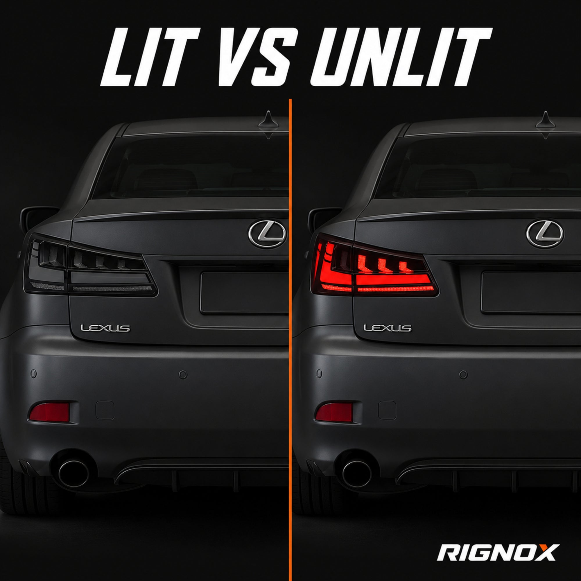 2006-2013 Lexus IS250 / IS350 / IS F Sequential LED Tail Lights — smoke sequential RGB lit unlit comparison - T-IS06-SR