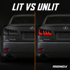 2006-2013 Lexus IS250 / IS350 / IS F Sequential LED Tail Lights — smoke sequential RGB lit unlit comparison - T-IS06-SR