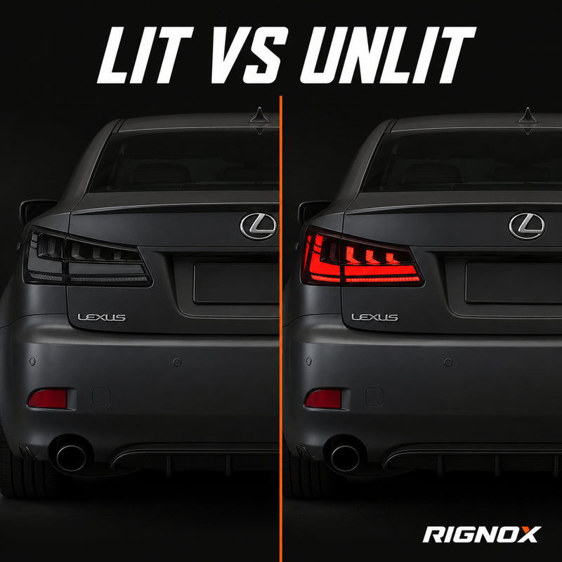 2006-2013 Lexus IS250 / IS350 / IS F Sequential LED Tail Lights — smoke sequential RGB lit unlit comparison - T-IS06-SR