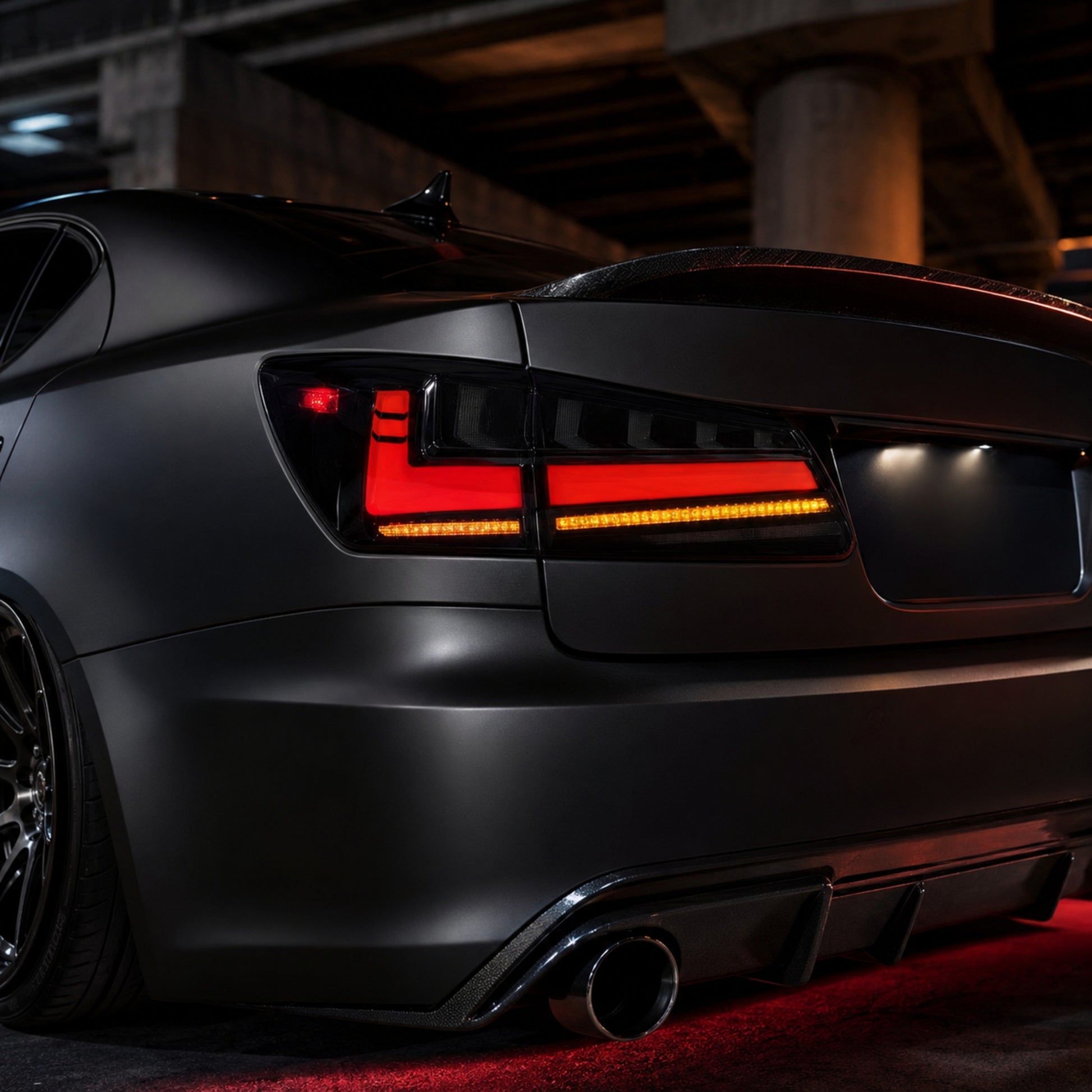 2006-2013 Lexus IS250 / IS350 / IS F Sequential LED Tail Lights — smoked amber turn signal installed detail - T-IS06-SR