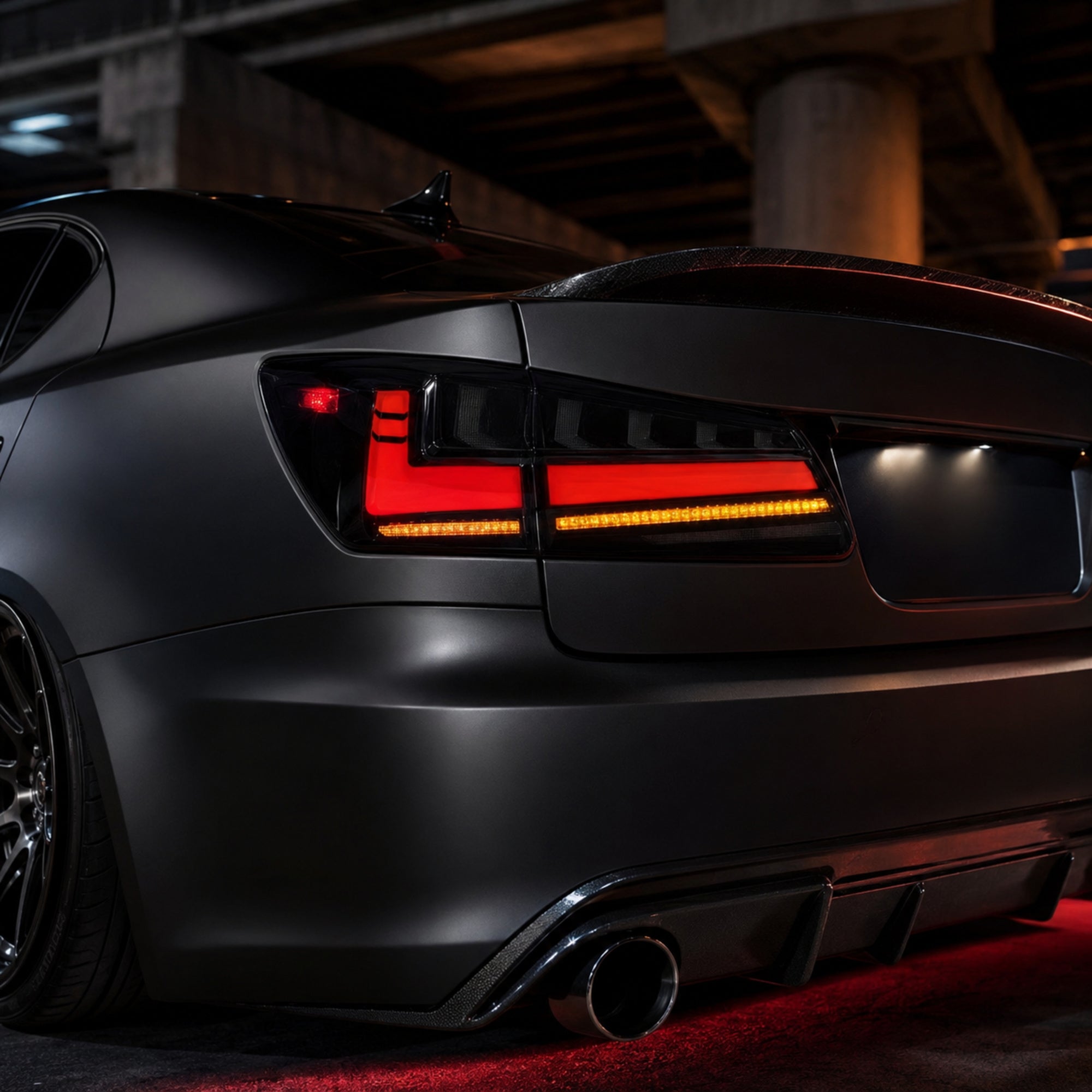 2006-2013 Lexus IS250 / IS350 / IS F Sequential LED Tail Lights — smoked amber turn signal installed detail - T-IS06-SR