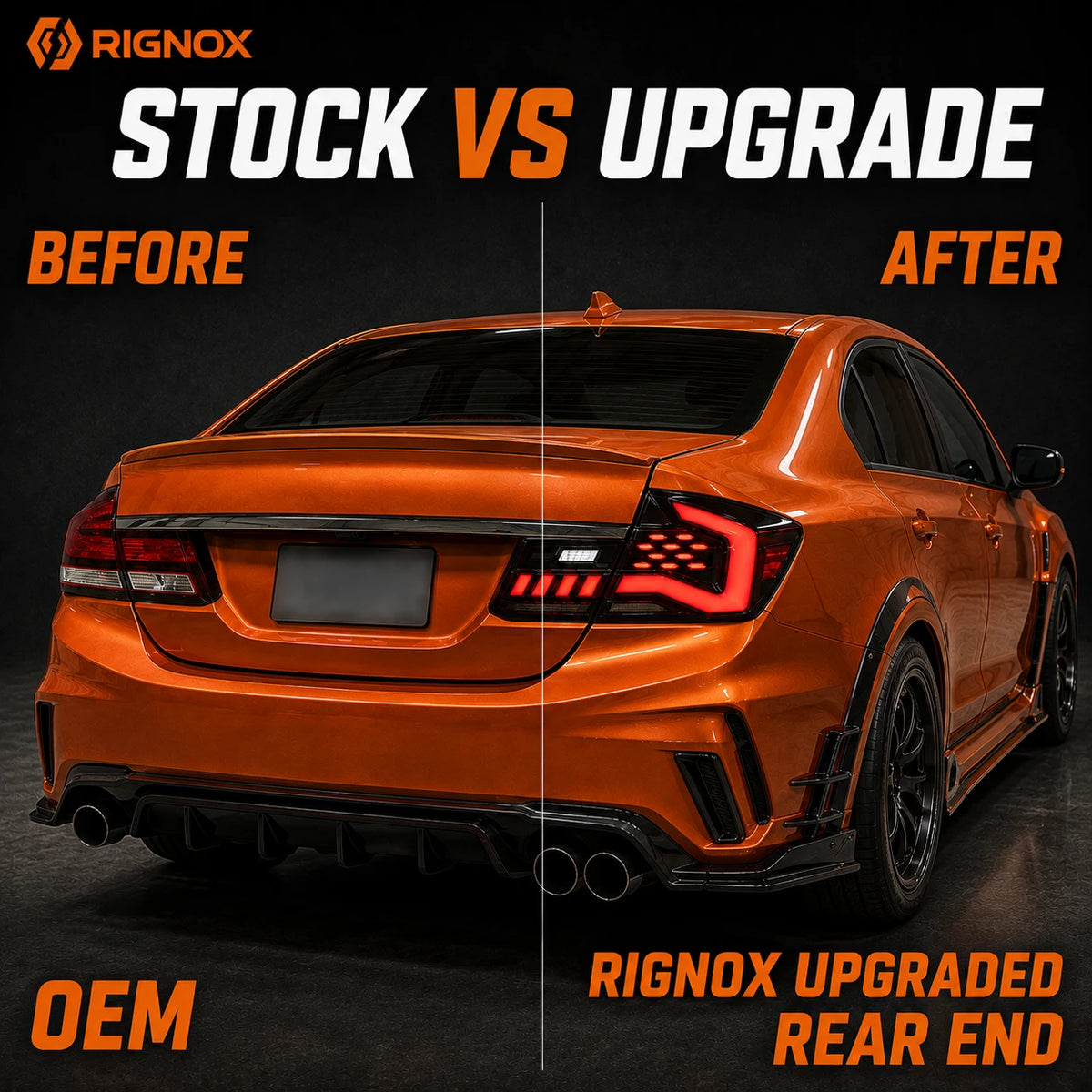 2013-2015 Honda Civic 9th Gen Sedan Sequential LED Tail Lights Assembly — before after comparison —T-CIV13-SR