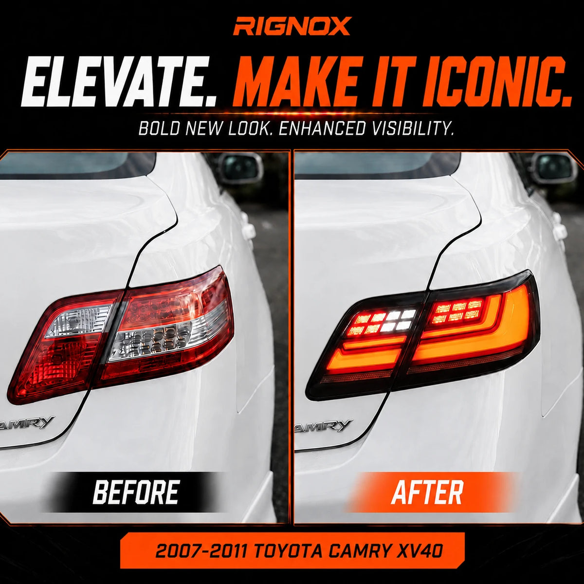 2007-2011 Toyota Camry XV40 Sequential LED Tail Lights Assembly — before after comparison — T-CAM07-DL-SW