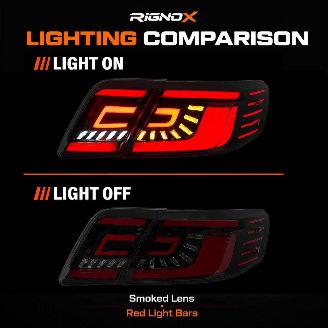 2007-2011 Toyota Camry XV40 Sequential LED Tail Lights Assembly — light on off comparison — T-CAM07-C-SR