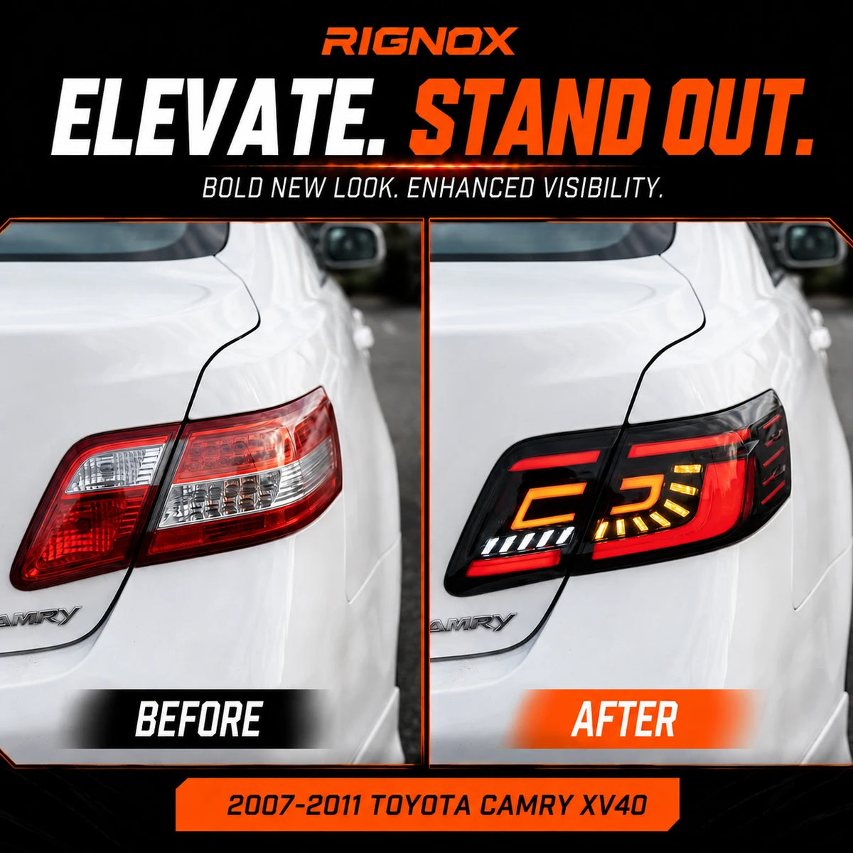 2007-2011 Toyota Camry XV40 Sequential LED Tail Lights Assembly — before after comparison — T-CAM07-C-SR