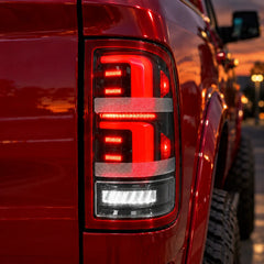 2007-2013 GMC Sierra 1500 & 2007-2014 Sierra 2500HD/3500HD (GMT900) LED Tail Lights Assembly — Pair — All Lights On Close-Up — T-SRA07-SR